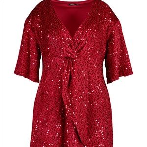 Red Sequin Twist Front Dress